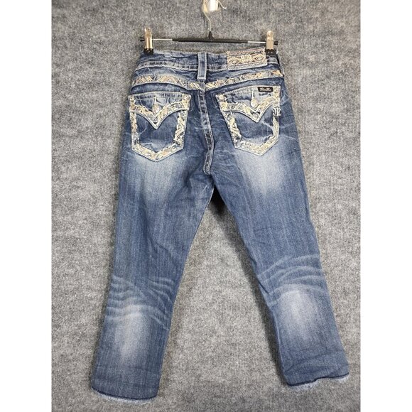 Miss Me Jeans Womens 27 Blue Signature Crop Embellished Rhinestone Raw Hem Bling - Picture 8 of 9